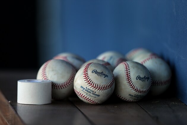 WEST PALM BEACH, FL - MARCH 09: Rawlings baseballs sit in the dugout of the Houston Astros before a spring training game against the St. Louis Cardinals at FITTEAM Ball Park of the Palm Beaches on March 9, 2018 in West Palm Beach, Florida. (Photo by Rich Schultz/Getty Images)
