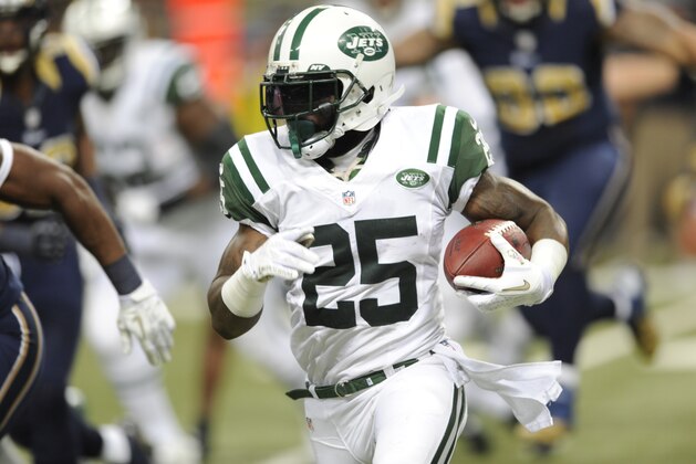 FILE- In this Nov. 18, 2012, file photo, New York Jets running back Joe McKnight runs with the ball during the second quarter of an NFL football game against the St. Louis Rams in St. Louis. McKnight was fired up when he was asked by a reporter if he could soon be out the door since New York, which allowed Shonn Greene to leave as a free agent, has McKnight, Chris Ivory, Mike Goodson, Bilal Powell and John Griffin as running backs on the roster.  (AP Photo/L.G. Patterson, File)