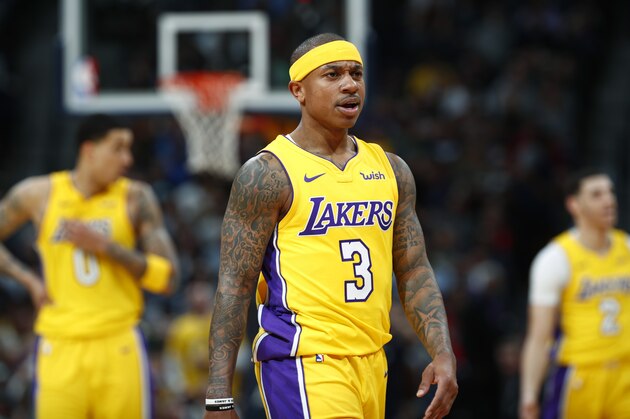 Los Angeles Lakers guard Isaiah Thomas heads to the bench during a timeout in the second half of the team's NBA basketball game against the Denver Nuggets on Friday, March 9, 2018, in Denver. The Nuggets won 125-116. (AP Photo/David Zalubowski)