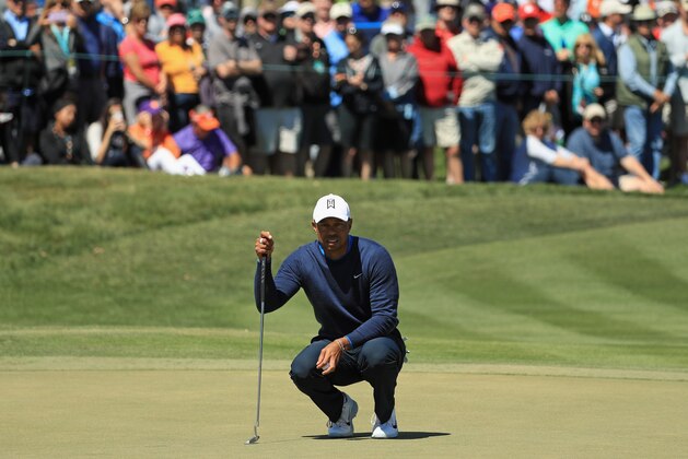 ORLANDO, FL - MARCH 15:  Tiger Woods lines up a putt on the eighth green during the first round at the Arnold Palmer Invitational Presented By MasterCard at Bay Hill Club and Lodge on March 15, 2018 in Orlando, Florida.  (Photo by Mike Ehrmann/Getty Images)