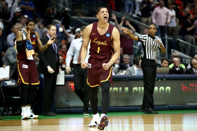 DALLAS, TX - MARCH 15:  Lucas Williamson #1 of the Loyola Ramblers reacts after the Ramblers get the ball against the Miami Hurricanes on a turnover in the first round of the 2018 NCAA Men's Basketball Tournament at American Airlines Center on March 15, 2018 in Dallas, Texas.  (Photo by Ronald Martinez/Getty Images)