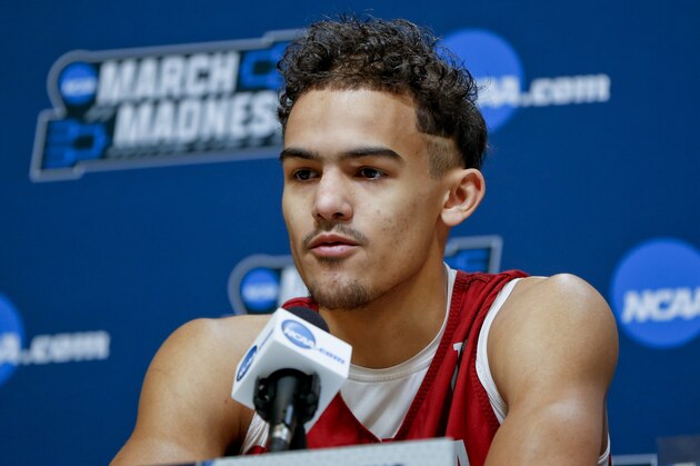 Oklahoma's Trae Young answers questions during a news conference for an NCAA college basketball first round game in Pittsburgh Tuesday, March 13, 2018. on Thursday. (AP Photo/Keith Srakocic)