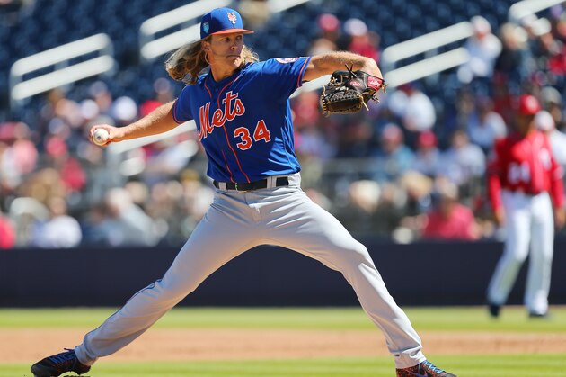WEST PALM BEACH, FL - MARCH 08: Noah Syndergaard #34 of the New York Mets in action during a spring training game against the Washington Nationals  at FITTEAM Ball Park of the Palm Beaches on March 8, 2018 in West Palm Beach, Florida. (Photo by Rich Schultz/Getty Images)