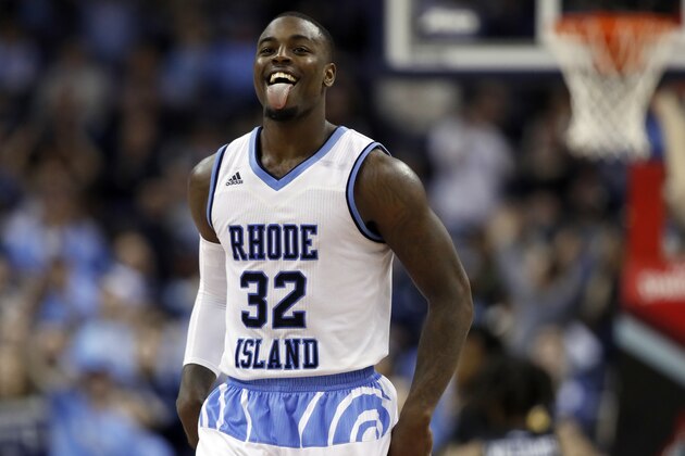 Rhode Island guard Jared Terrell (32) reacts during the second half of an NCAA college basketball quarterfinal game against VCU in the Atlantic 10 Conference tournament, Friday, March 9, 2018, in Washington. Rhode Island won 76-67. (AP Photo/Alex Brandon)