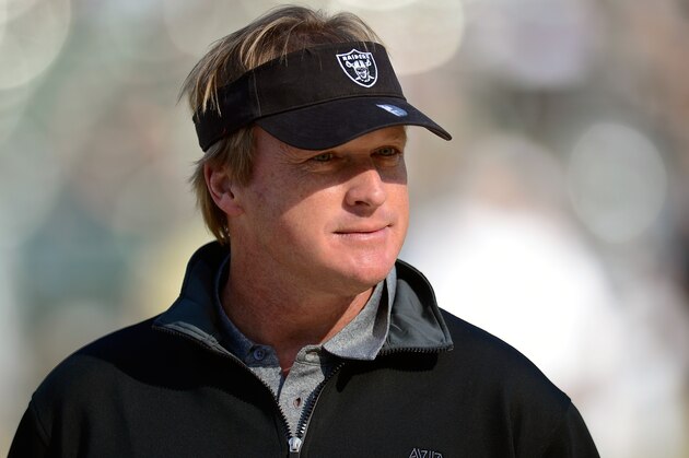 OAKLAND, CA - NOVEMBER 18:  Former head coach of the Oakland Raiders and now ESPN Monday Night Football Analyst Jon Gruden looks on during pre-game warm ups before an NFL football game between the New Orleans Saints and Oakland Raiders at O.co Coliseum on November 18, 2012 in Oakland, California.  (Photo by Thearon W. Henderson/Getty Images)