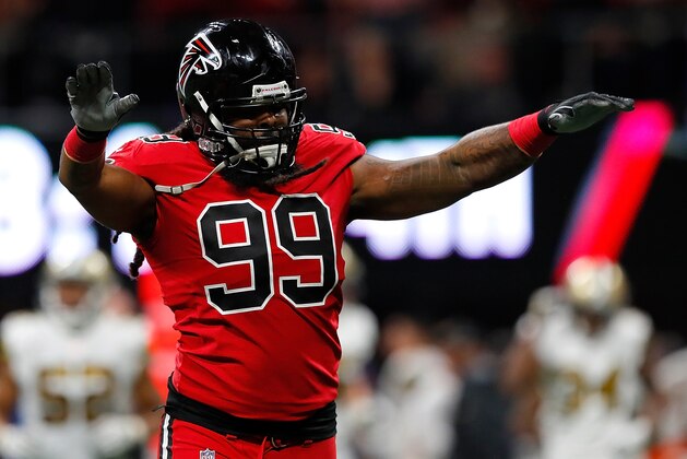 ATLANTA, GA - DECEMBER 07: Adrian Clayborn #99 of the Atlanta Falcons reacts after sacking Drew Brees #9 of the New Orleans Saints at Mercedes-Benz Stadium on December 7, 2017 in Atlanta, Georgia. (Photo by Kevin C. Cox/Getty Images) ATLANTA, GA - DECEMBER 07: Adrian Clayborn #99 of the Atlanta Falcons reacts after sacking Drew Brees #9 of the New Orleans Saints at Mercedes-Benz Stadium on December 7, 2017 in Atlanta, Georgia. (Photo by Kevin C. Cox/Getty Images)