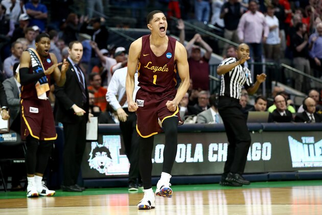 DALLAS, TX - MARCH 15:  Lucas Williamson #1 of the Loyola Ramblers reacts after the Ramblers get the ball against the Miami Hurricanes on a turnover in the first round of the 2018 NCAA Men's Basketball Tournament at American Airlines Center on March 15, 2018 in Dallas, Texas.  (Photo by Ronald Martinez/Getty Images)