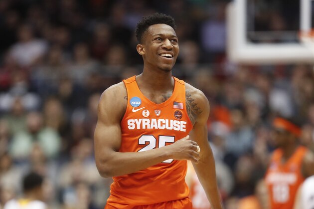 Syracuse's Tyus Battle reacts during the first half of a First Four game of the NCAA men's college basketball tournament against Arizona State, Wednesday, March 14, 2018, in Dayton, Ohio. (AP Photo/John Minchillo)
