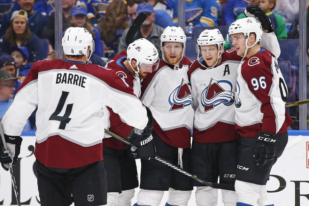 Colorado Avalanche's Nathan MacKinnon (29) is congratulated by teammates Tyson Barrie (4), Patrik Nemeth (12), Gabriel Landeskog (92), and Mikko Rantanen, of Finland, (96) after scoring a goal against the St. Louis Blues during the first period of an NHL hockey game Thursday, March 15, 2018, in St. Louis. (AP Photo/Billy Hurst)