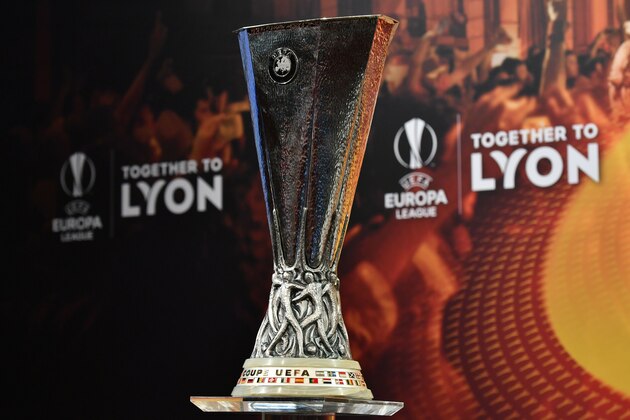 A picture taken on March 16, 2018 shows the UEFA Europa League football cup during the draw for the quarter finals round of the UEFA Europa League football tournament at the UEFA headquarters in Nyon. / AFP PHOTO / Fabrice COFFRINI        (Photo credit should read FABRICE COFFRINI/AFP/Getty Images)