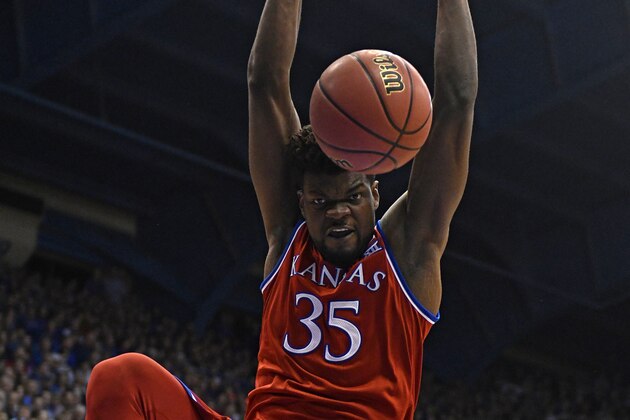 LAWRENCE, KS - FEBRUARY 26: Udoka Azubuike #35 of the Kansas Jayhawks dunks against the Texas Longhorns in the first half at Allen Fieldhouse on February 26, 2018 in Lawrence, Kansas. (Photo by Ed Zurga/Getty Images)