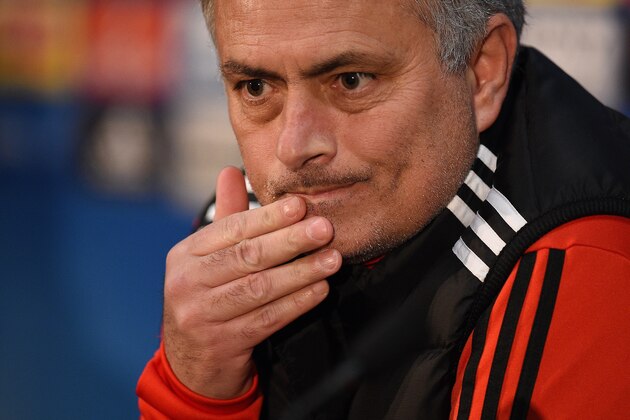 Manchester United's Portuguese manager Jose Mourinho attends a press conference following a team training session, at Old Trafford stadium in Manchester, north west England on March 12, 2018, on the eve of their UEFA Champions League round of 16 second-leg football match against Sevilla. / AFP PHOTO / Oli SCARFF        (Photo credit should read OLI SCARFF/AFP/Getty Images)