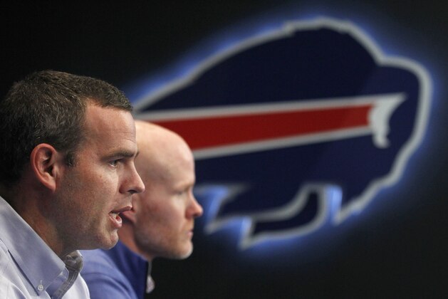 Buffalo Bills general manager Brandon Beane, left and head coach Sean McDermott address the media during an end-of-season NFL football news conference, Tuesday, Jan. 9, 2018, in Orchard Park, N.Y. (AP Photo/Jeffrey T. Barnes)