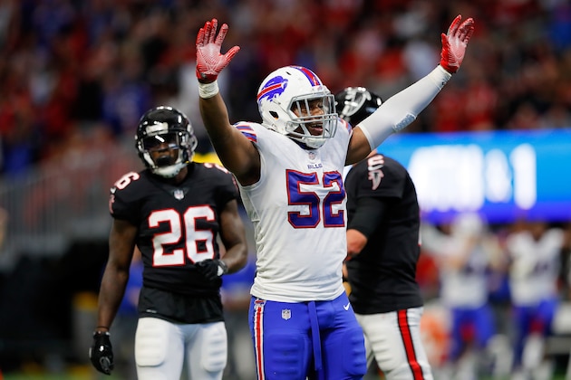 ATLANTA, GA - OCTOBER 01: Preston Brown #52 of the Buffalo Bills celebrates stopping the Atlanta Falcons on fourth and one during the second half at Mercedes-Benz Stadium on October 1, 2017 in Atlanta, Georgia. (Photo by Kevin C.  Cox/Getty Images)