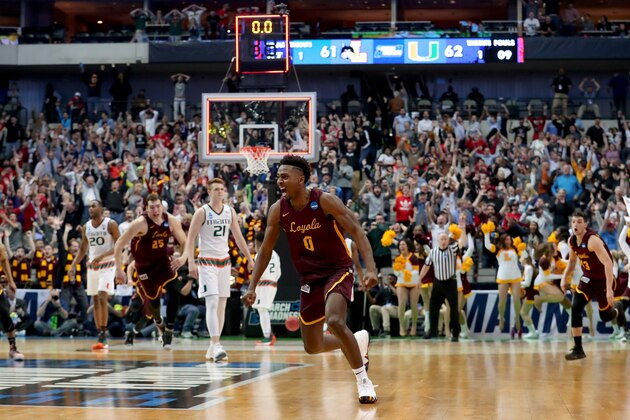 DALLAS, TX - MARCH 15:  Donte Ingram #0 of the Loyola Ramblers celebrates after his game-winning three pointer against the Miami Hurricanes in the first round of the 2018 NCAA Men's Basketball Tournament at American Airlines Center on March 15, 2018 in Dallas, Texas.  (Photo by Tom Pennington/Getty Images)