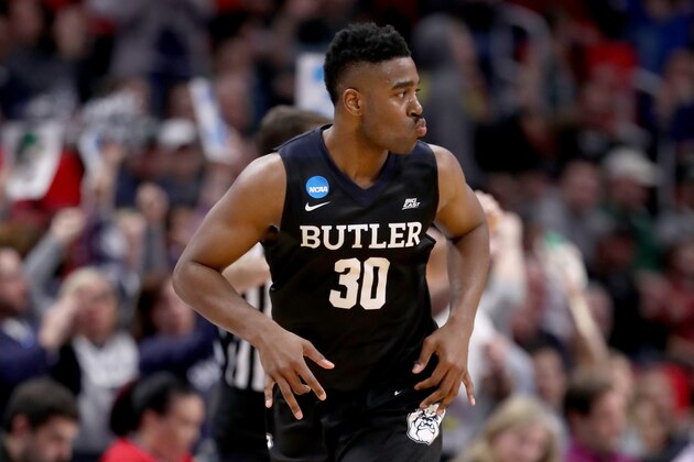 DETROIT, MI - MARCH 16:  Kelan Martin #30 of the Butler Bulldogs reacts after a three point basket against the Arkansas Razorbacks during the second half of the game in the first round of the 2018 NCAA Men's Basketball Tournament at Little Caesars Arena on March 16, 2018 in Detroit, Michigan.  (Photo by Elsa/Getty Images)
