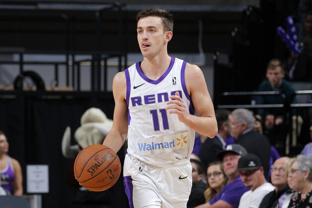 SACRAMENTO, CA - JANUARY 7:  David Stockton #11 of the Reno Bighorns handles the ball against the Salt Lake City Stars on January 7, 2018 at Golden 1 Center in Sacramento, California. NOTE TO USER: User expressly acknowledges and agrees that, by downloading and or using this Photograph, user is consenting to the terms and conditions of the Getty Images License Agreement. Mandatory Copyright Notice: Copyright 2018 NBAE (Photo by Rocky Widner/NBAE via Getty Images)