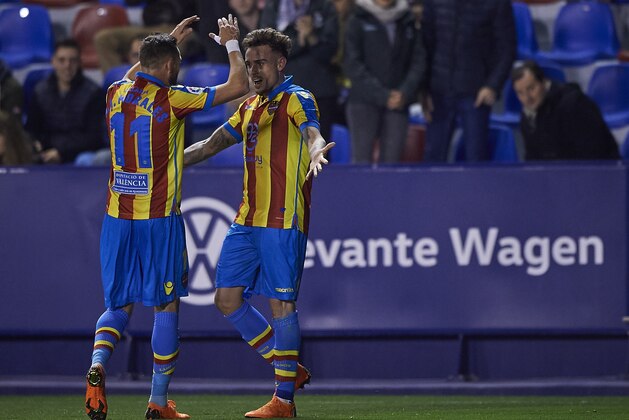 VALENCIA, SPAIN - MARCH 16:  Roger (R) and Jose luis Morales (L) of Levante celebrates after scoring a goal during the La Liga match between Levante and Eibar at Ciutat de Valencia Stadium on March 16, 2018 in Valencia, Spain.  (Photo by Quality Sport Images/Getty Images)
