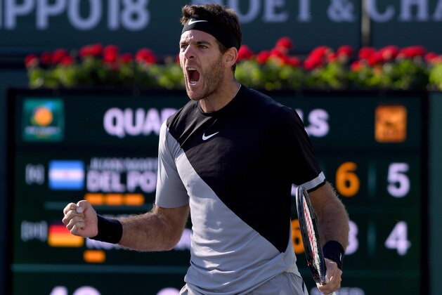 INDIAN WELLS, CA - MARCH 16:  Juan Martin Del Potro of Argentina reacts to match point over Philipp Kohlschreiber of Germany during the BNP Paribas Open at the Indian Wells Tennis Garden on March 16, 2018 in Indian Wells, California.  (Photo by Harry How/Getty Images)