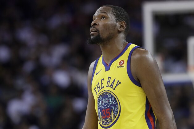 Golden State Warriors forward Kevin Durant (35) during the second half of an NBA basketball game against the San Antonio Spurs in Oakland, Calif., Thursday, March 8, 2018. (AP Photo/Jeff Chiu)