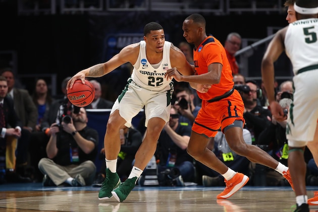 DETROIT, MI - MARCH 16:  Miles Bridges #22 of the Michigan State Spartans handles the ball during the first half against the Bucknell Bison in the first round of the 2018 NCAA Men's Basketball Tournament at Little Caesars Arena on March 16, 2018 in Detroit, Michigan.  (Photo by Gregory Shamus/Getty Images)