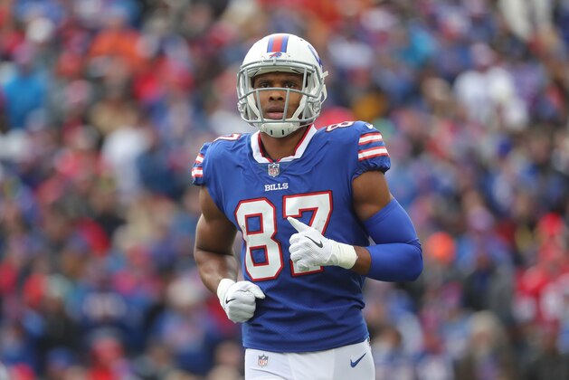 BUFFALO, NY - NOVEMBER 12: Jordan Matthews #87 of the Buffalo Bills during NFL game action against the New Orleans Saints at New Era Field on November 12, 2017 in Buffalo, New York. (Photo by Tom Szczerbowski/Getty Images)
