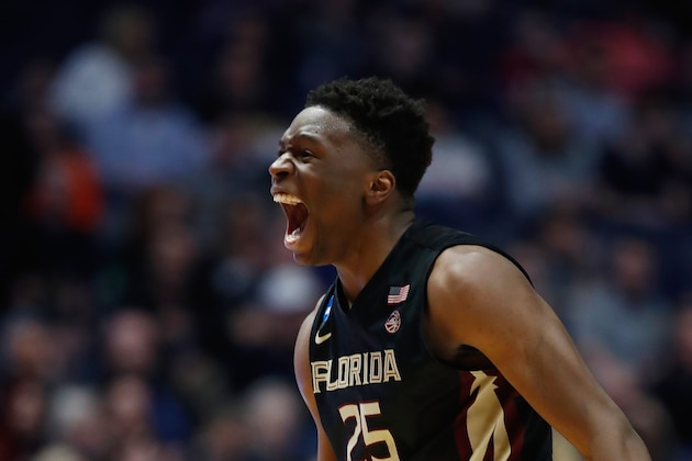NASHVILLE, TN - MARCH 16:  Mfiondu Kabengele #25 of the Florida State Seminoles reacts against the Missouri Tigers during the game in the first round of the 2018 NCAA Men's Basketball Tournament at Bridgestone Arena on March 16, 2018 in Nashville, Tennessee.  (Photo by Andy Lyons/Getty Images)