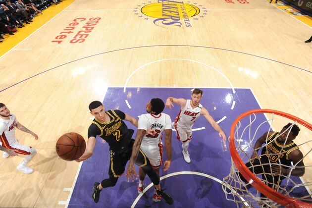LOS ANGELES, CA - MARCH 16:  Lonzo Ball #2 of the Los Angeles Lakers handles the ball against the Miami Heat on March 16, 2018 at STAPLES Center in Los Angeles, California. NOTE TO USER: User expressly acknowledges and agrees that, by downloading and/or using this Photograph, user is consenting to the terms and conditions of the Getty Images License Agreement. Mandatory Copyright Notice: Copyright 2018 NBAE (Photo by Andrew D. Bernstein/NBAE via Getty Images)