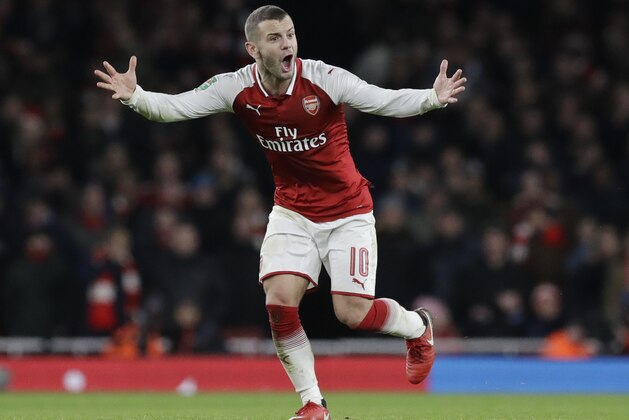 Arsenal's Jack Wilshere shouts during the English League Cup semifinal second leg soccer match between Chelsea and Arsenal at the Emirates stadium in London, Wednesday, Jan.24, 2018. (AP Photo/Matt Dunham)