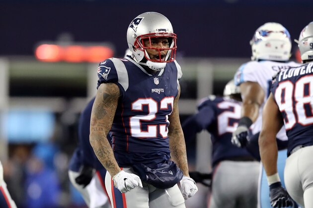 FOXBOROUGH, MA - JANUARY 13: Patrick Chung #23 of the New England Patriots reacts during the second quarter  in the AFC Divisional Playoff game against the Tennessee Titans at Gillette Stadium on January 13, 2018 in Foxborough, Massachusetts.  (Photo by Elsa/Getty Images)