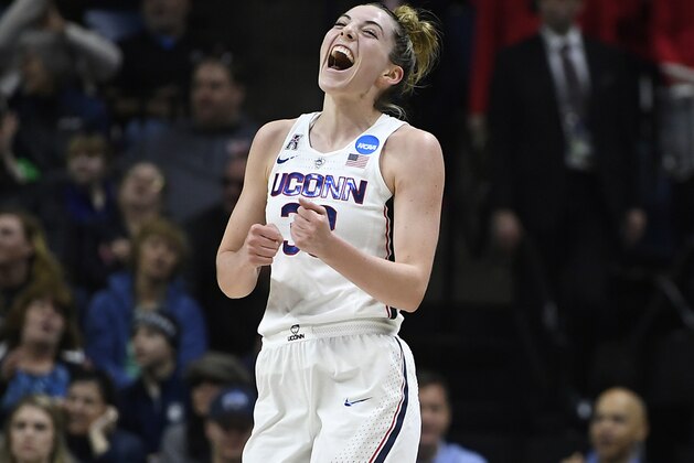 Connecticut's Katie Lou Samuelson (33) reacts at the end of the first half of a first-round game against Saint Francis (Pa.)  in the NCAA women's college basketball tournament in Storrs, Conn., Saturday, March 17, 2018. UConn has set the NCAA all-time record for points in a half with 94. (AP Photo/Jessica Hill)