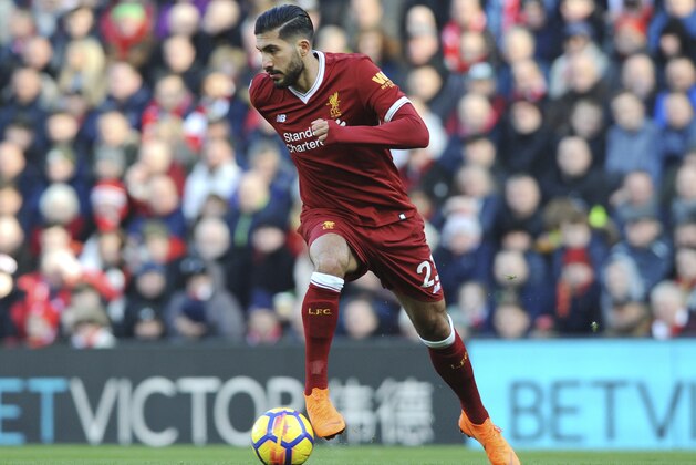 Liverpool's Emre Can during the English Premier League soccer match between Liverpool and West Ham United at Anfield in Liverpool, England, Saturday, Feb. 24, 2018. (AP Photo/Rui Vieira)