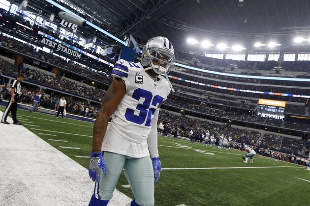 Dallas Cowboys' Orlando Scandrick (32) walks off the field after warm ups before an NFL football game against the Los Angeles Rams on Sunday, Oct. 1, 2017, in Arlington, Texas. (AP Photo/Ron Jenkins)