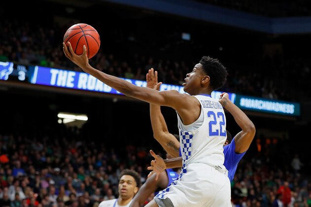 BOISE, ID - MARCH 17:  Shai Gilgeous-Alexander #22 of the Kentucky Wildcats drives to the basket during the second half against the Buffalo Bulls in the second round of the 2018 NCAA Men's Basketball Tournament at Taco Bell Arena on March 17, 2018 in Boise, Idaho.  (Photo by Kevin C. Cox/Getty Images)