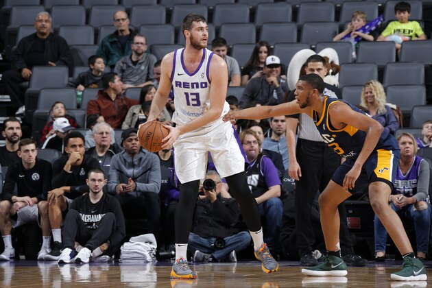 SACRAMENTO, CA - JANUARY 7:  Georgios Papagiannis #13 of the Reno Bighorns handles the ball against the Salt Lake City Stars on January 7, 2018 at Golden 1 Center in Sacramento, California. NOTE TO USER: User expressly acknowledges and agrees that, by downloading and or using this Photograph, user is consenting to the terms and conditions of the Getty Images License Agreement. Mandatory Copyright Notice: Copyright 2018 NBAE (Photo by Rocky Widner/NBAE via Getty Images)