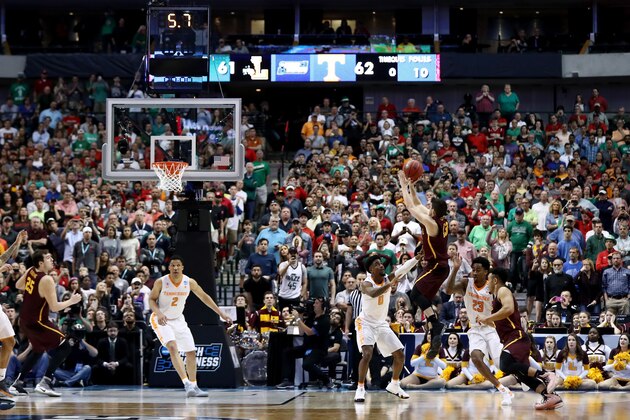 DALLAS, TX - MARCH 17:  Clayton Custer #13 of the Loyola Ramblers attempts a shot in the second half against the Tennessee Volunteers during the second round of the 2018 NCAA Tournament at the American Airlines Center on March 17, 2018 in Dallas, Texas. (Photo by Ronald Martinez/Getty Images)