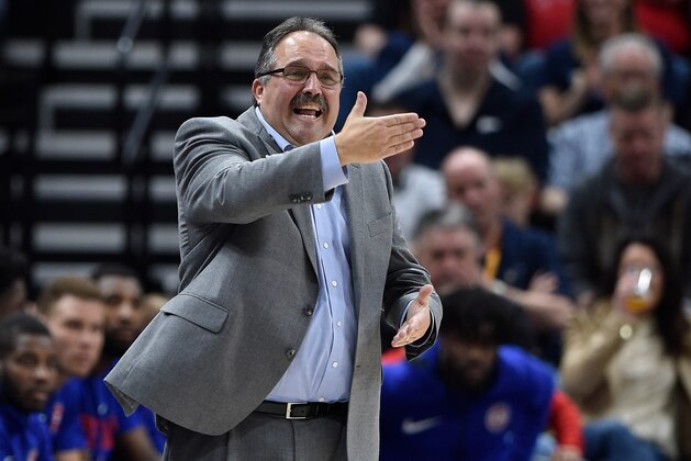 SALT LAKE CITY, UT - MARCH 13: Head coach Stan Van Gundy of the Detroit Pistons gestures on the sideline in a game against the Utah Jazz at Vivint Smart Home Arena on March 13, 2018 in Salt Lake City, Utah. NOTE TO USER: User expressly acknowledges and agrees that, by downloading and or using this photograph, User is consenting to the terms and conditions of the Getty Images License Agreement. (Photo by Gene Sweeney Jr./Getty Images)