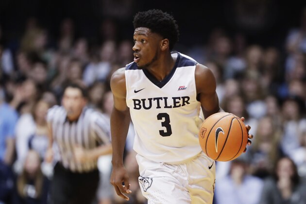 In this Feb. 20, 2018, photo, Butler guard Kamar Baldwin (3) brings the ball up court against Creighton in the first half of an NCAA college basketball game in Indianapolis. After Chris Holtmann took the Ohio State job, coach LaVall Jordan returned to his alma mater where the expectations of postseason wins had become the norm. He had three starters back - Kelan Martin, undersized center Tyler Wideman and sophomore Baldwin, who was playing point guard for the first time in his career. (AP Photo/Michael Conroy)