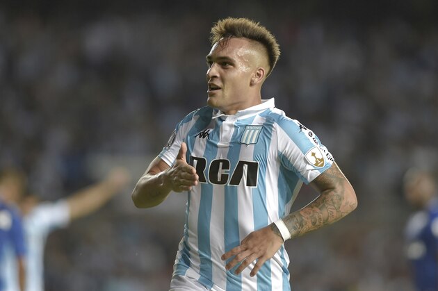 Lautaro Martinez of Argentina's Racing celebrates after scoring against Brazil's Cruzeiro during a Copa Libertadores soccer match in Buenos Aires, Argentina, Tuesday, Feb. 27, 2017. (AP Photo/Pablo Aharonian)