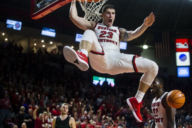 BOWLING GREEN, KY - JANUARY 27:  Forward Justin Johnson #23 of the Western Kentucky Hilltoppers dunks the ball in a game against Marshall University at E.A. Diddle Arena on January 27, 2018 in Bowling Green, Ky. (Photo by Shaban Athuman/ Getty Images)