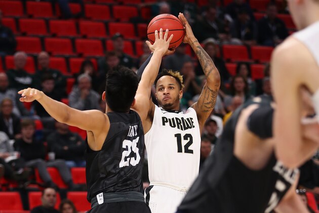 DETROIT, MI - MARCH 18:  Vincent Edwards #12 of the Purdue Boilermakers shoots the ball during the first half against the Butler Bulldogs in the second round of the 2018 NCAA Men's Basketball Tournament at Little Caesars Arena on March 18, 2018 in Detroit, Michigan.  (Photo by Gregory Shamus/Getty Images)