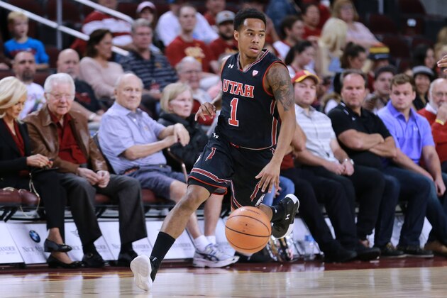 LOS ANGELES, CA - JANUARY 14:  Justin Bibbins #1 of the Utah Utes handles the ball against the USC Trojans during a PAC12 college basketball game at Galen Center on January 14, 2018 in Los Angeles, California.  (Photo by Leon Bennett/Getty Images)
