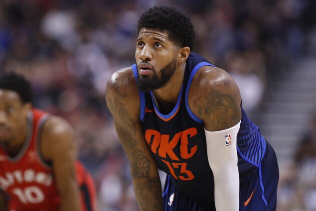 TORONTO, CANADA - MARCH 18: Paul George #13 of the Oklahoma City Thunder looks on during the game against the Toronto Raptors on March 18, 2018 at the Air Canada Centre in Toronto, Ontario, Canada.  NOTE TO USER: User expressly acknowledges and agrees that, by downloading and or using this Photograph, user is consenting to the terms and conditions of the Getty Images License Agreement.  Mandatory Copyright Notice: Copyright 2018 NBAE (Photo by Mark Blinch/NBAE via Getty Images)