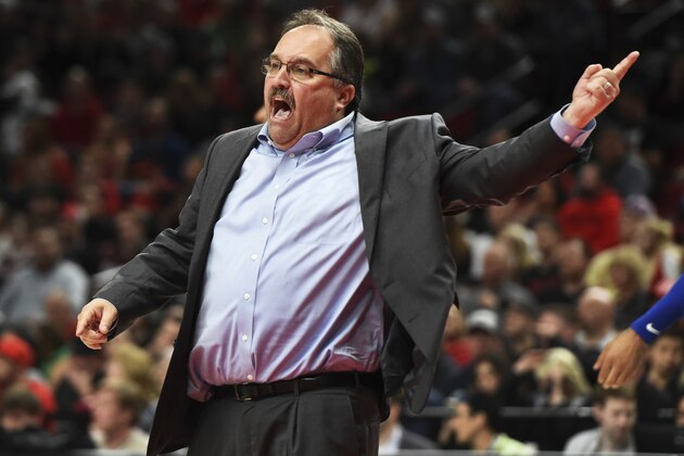 Detroit Pistons coach Stan Van Gundy yells to the officials after the Pistons were called for a technical foul during the second half of an NBA basketball game against the Portland Trail Blazers in Portland, Ore., Saturday, March 17, 2018. The Blazers won 100-87. (AP Photo/Steve Dykes)