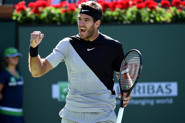 INDIAN WELLS, CA - MARCH 17: Juan Martin Del Potro of Argentina celebrates after defeating Milos Raonic of Canada during the semifinal match on Day 13 of the BNP Paribas Open on March 17, 2018 in Indian Wells, California. (Photo by Kevork Djansezian/Getty Images)