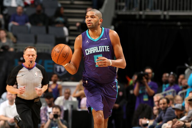 CHARLOTTE, NC - FEBRUARY 25:  Nicolas Batum #5 of the Charlotte Hornets handles the ball against the Detroit Pistons on February 25, 2017 at Spectrum Center in Charlotte, North Carolina. NOTE TO USER: User expressly acknowledges and agrees that, by downloading and or using this photograph, User is consenting to the terms and conditions of the Getty Images License Agreement.  Mandatory Copyright Notice:  Copyright 2018 NBAE (Photo by Kent Smith/NBAE via Getty Images)