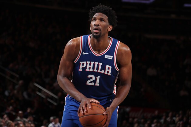 NEW YORK, NY - MARCH 15:  Joel Embiid #21 of the Philadelphia 76ers shoots a free throw during the game against the New York Knicks on March 15, 2018 at Madison Square Garden in New York City, New York.  NOTE TO USER: User expressly acknowledges and agrees that, by downloading and or using this photograph, User is consenting to the terms and conditions of the Getty Images License Agreement. Mandatory Copyright Notice: Copyright 2018 NBAE  (Photo by Nathaniel S. Butler/NBAE via Getty Images)