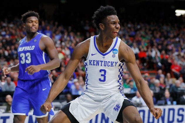 BOISE, ID - MARCH 17:  Hamidou Diallo #3 of the Kentucky Wildcats celebrates after dunking against the Buffalo Bulls during the second half in the second round of the 2018 NCAA Men's Basketball Tournament at Taco Bell Arena on March 17, 2018 in Boise, Idaho.  (Photo by Kevin C. Cox/Getty Images)