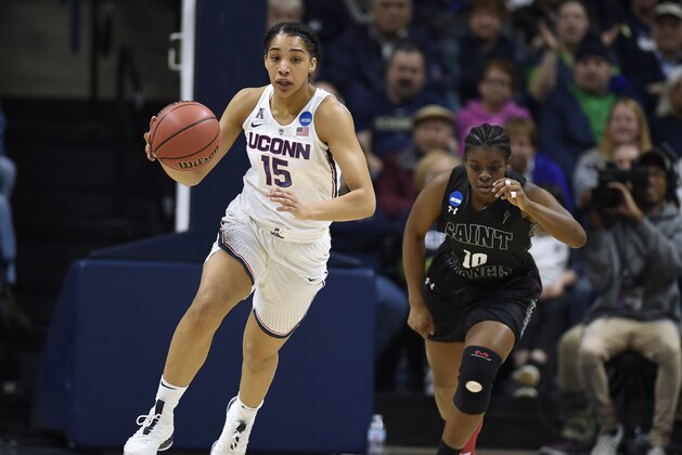 Connecticut's Gabby Williams (15) during a first-round game in the NCAA women's college basketball tournament in in Storrs, Conn., Saturday, March 17, 2018, (AP Photo/Jessica Hill)