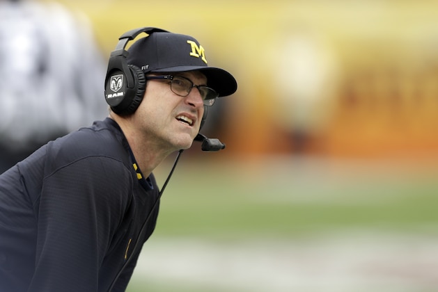 Michigan head coach Jim Harbaugh during the second half of the Outback Bowl NCAA college football game Monday, Jan. 1, 2018, in Tampa, Fla. South Carolina won the game 26-19. (AP Photo/Chris O'Meara)